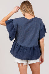 SAGE + FIG Women's Ruffle Sleeve Washed Cotton Blouse – Chic Short Sleeve Top